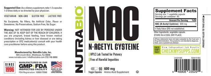 Ingredient panel of NAC 600mg per capsule (pack of 2)