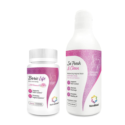 NutraBlast boric acid vaginal suppositories packaging for odor-control bundle.