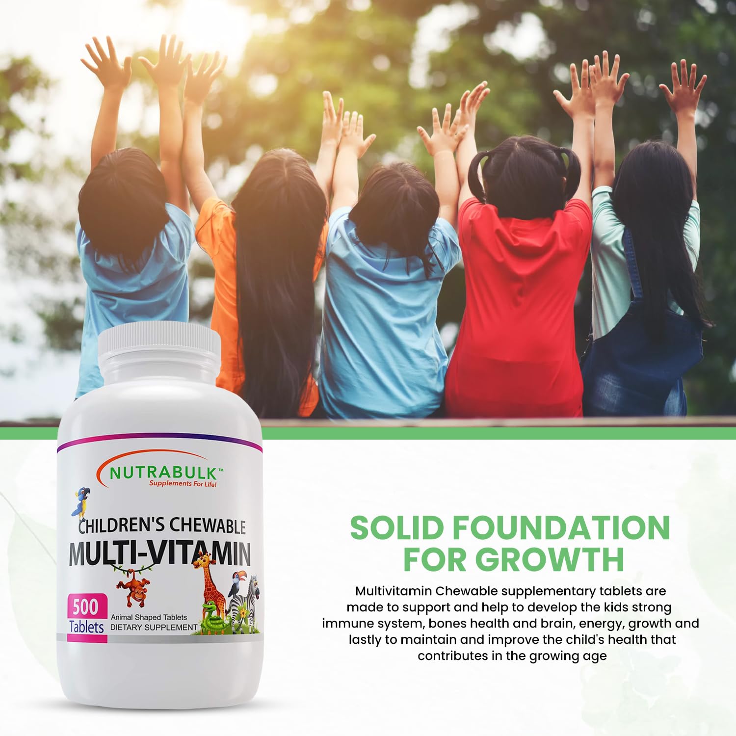 Child-friendly chewable multivitamins in elephant, hippo, lion, and tiger shapes