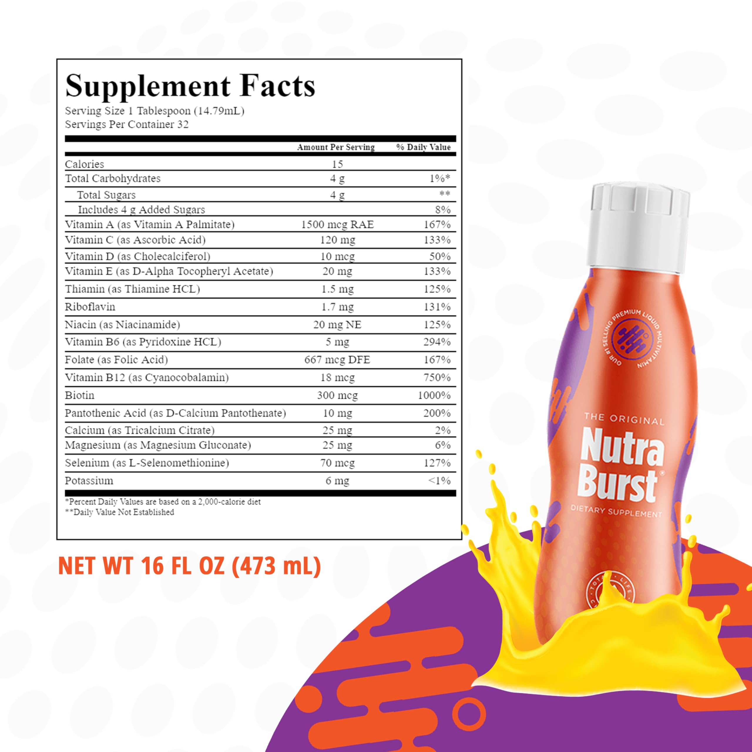 Close-up of NutraBurst bottle label featuring vitamins A, C, D, and E