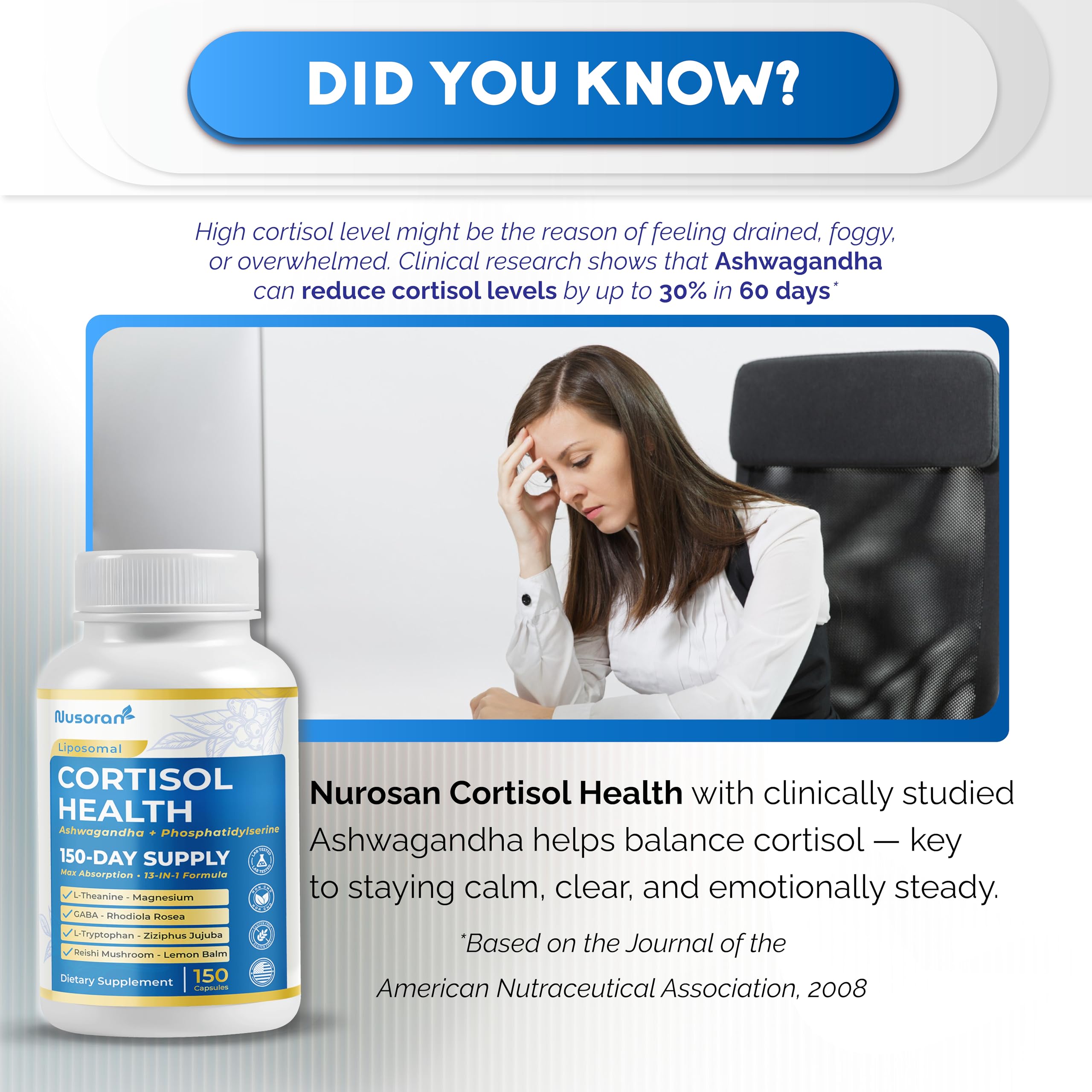 Visual of 13-in-1 ingredients including Ashwagandha, Phosphatidylserine, and L-Theanine