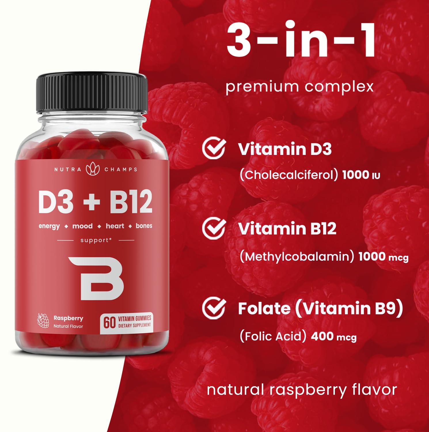 60-count D3 B12 folate gummies with methyl B12