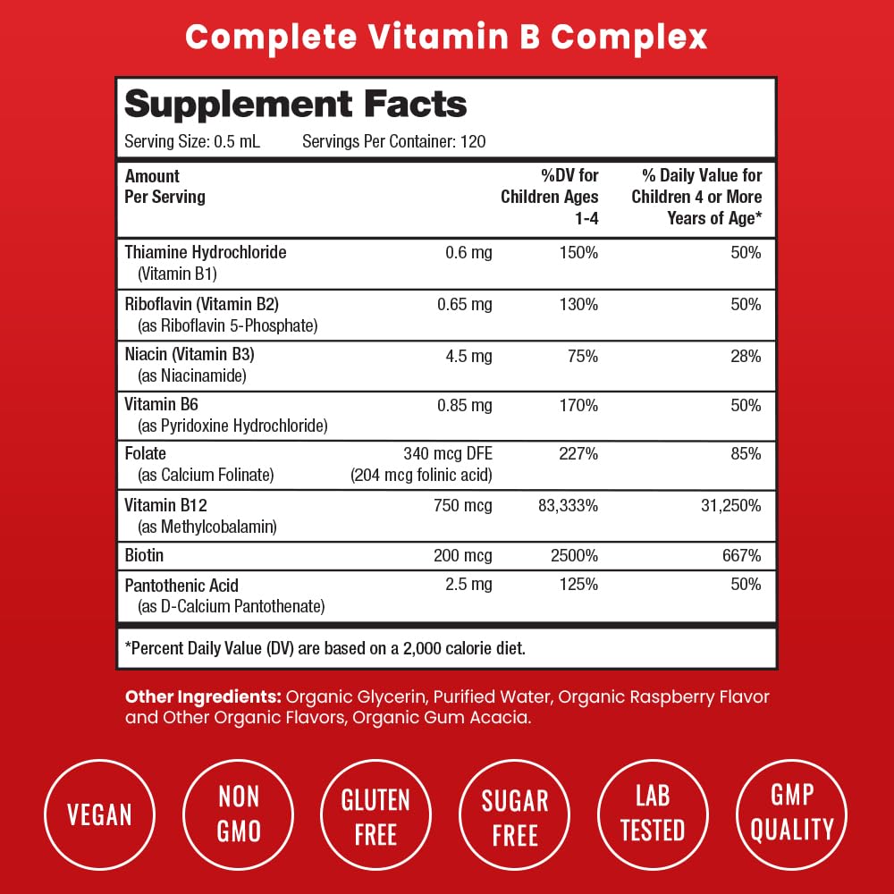 Front label of NutraChamps Kids B Complex Liquid Drops highlighting 120 servings