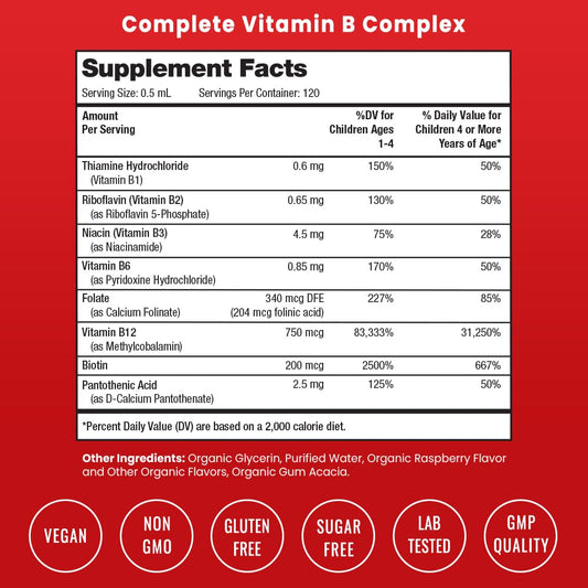 Front label of NutraChamps Kids B Complex Liquid Drops highlighting 120 servings
