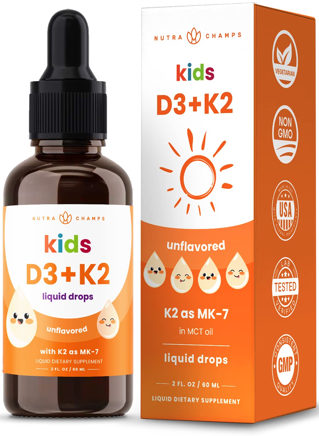 Bottle of NutraChamps Kids D3 & K2 Drops