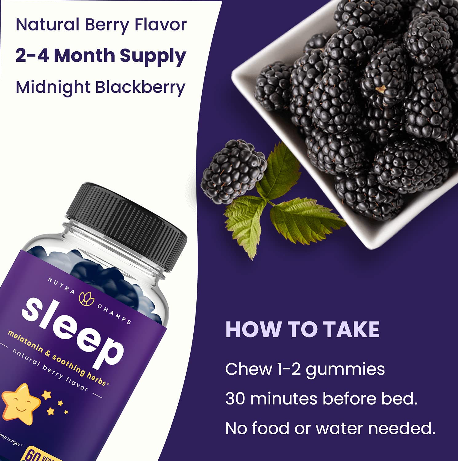 Close-up of NutraChamps Sleep Gummies with berry flavor and ingredients
