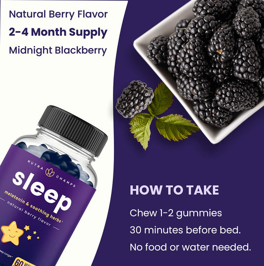 Close-up of NutraChamps Sleep Gummies with berry flavor and ingredients