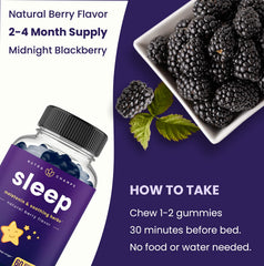 Close-up of NutraChamps Sleep Gummies with berry flavor and ingredients