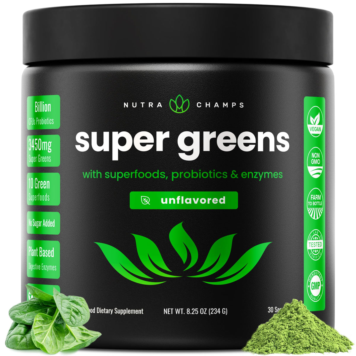 NutraChamps Super Greens powder bottle front