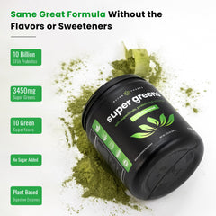 Ready-to-use scoop beside the tub of Super Greens