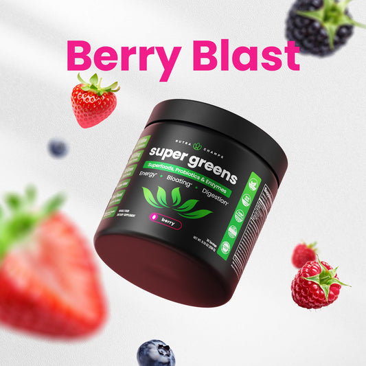 Close up of NutraChamps Super Greens Berry powder texture