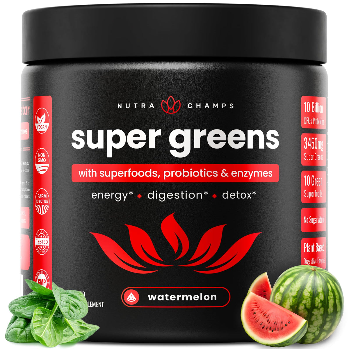 NutraChamps Super Greens Watermelon powder container with scoop