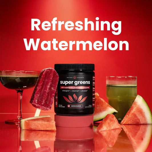 Close-up of NutraChamps Super Greens Watermelon powder and scoop