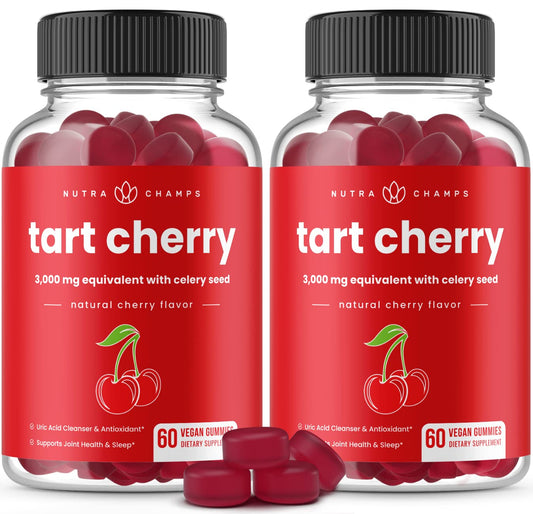 NutraChamps Tart Cherry Gummies bottle showing 60 vegan gummies