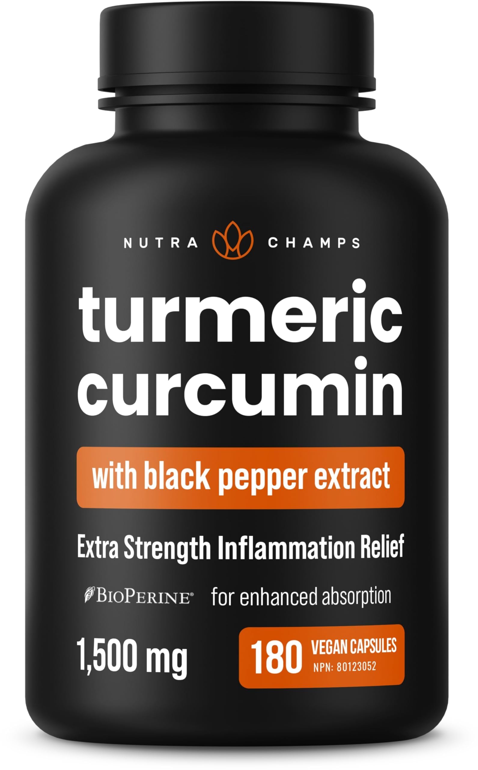 NutraChamps Turmeric Curcumin 1500mg bottle with 180 vegan capsules.