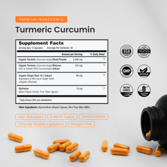 Close-up of turmeric capsules highlighting BioPerine for absorption.