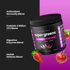 Scoop of NutraChamps Super Greens powder next to jar