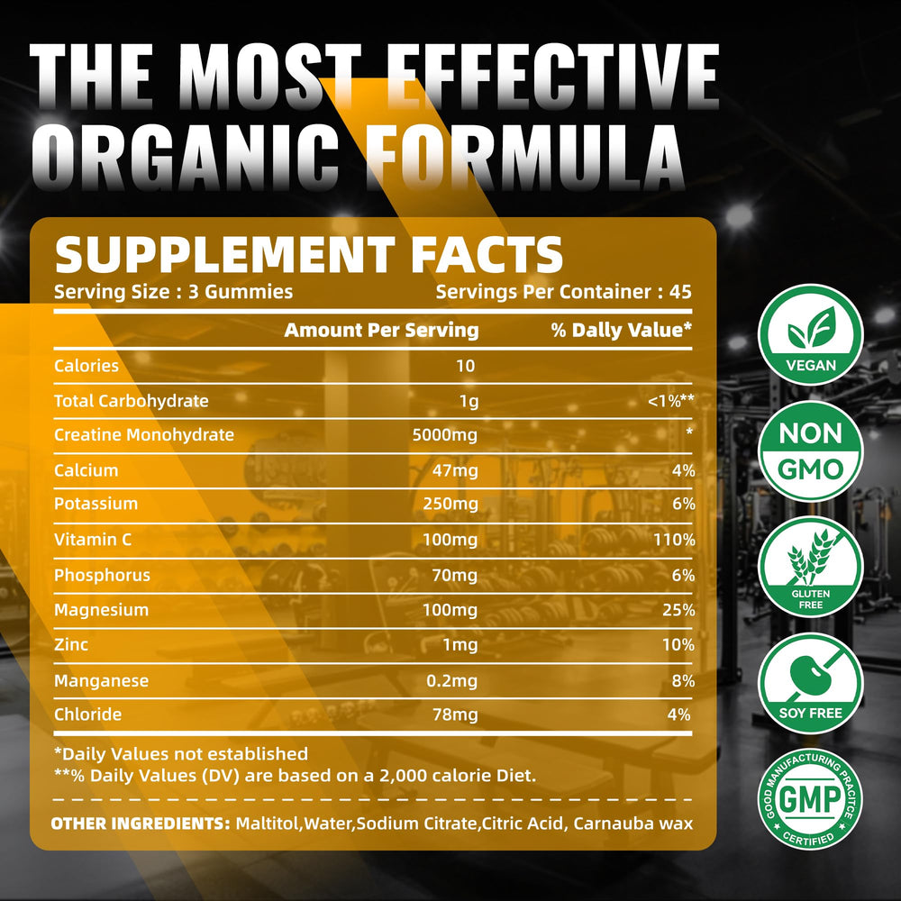 Close-up of 5g creatine monohydrate per serving gummies