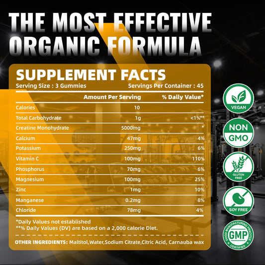Close-up of 5g creatine monohydrate per serving gummies