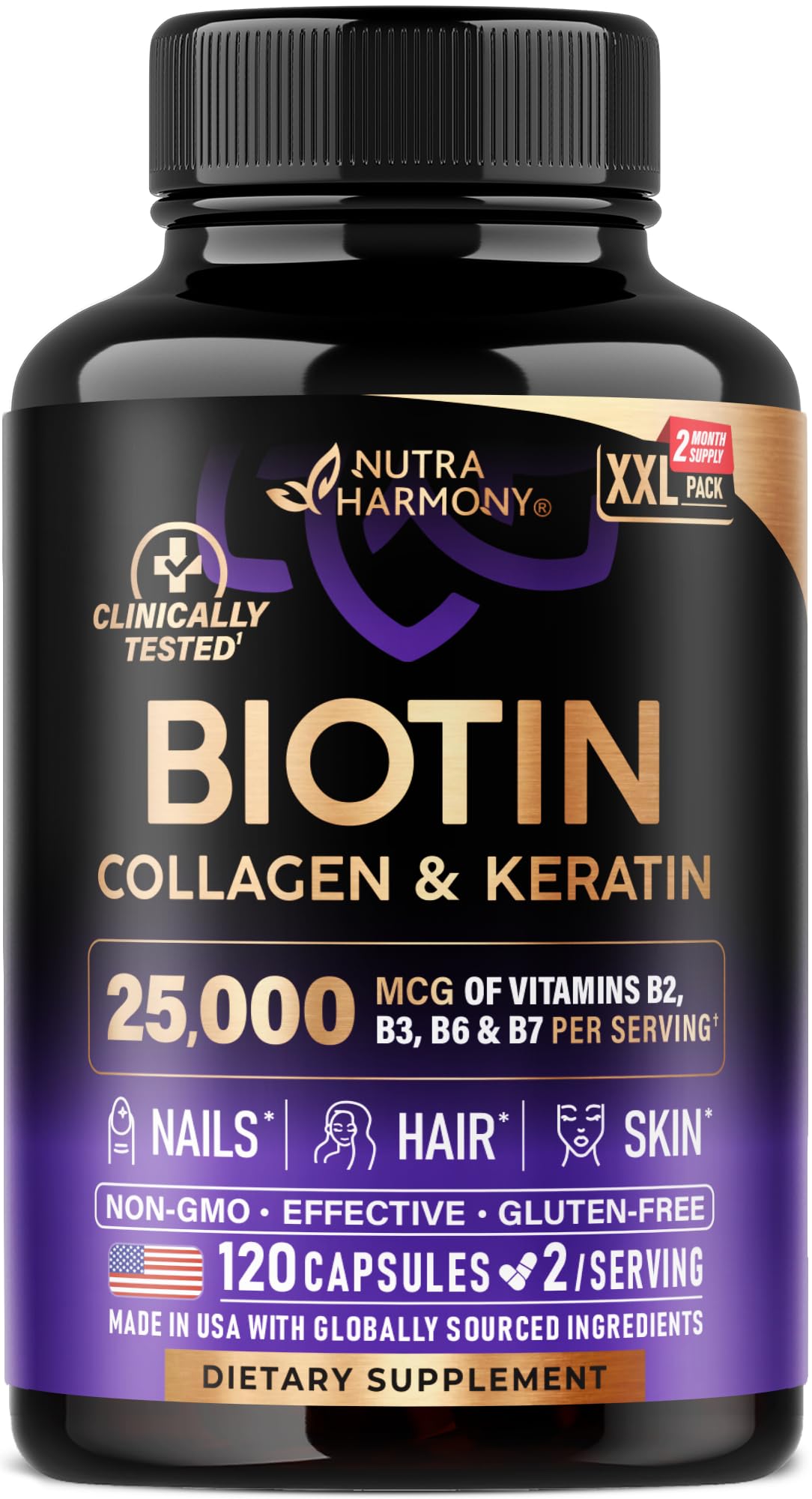 NutraHarmony Biotin capsules support hair, skin, and nails.