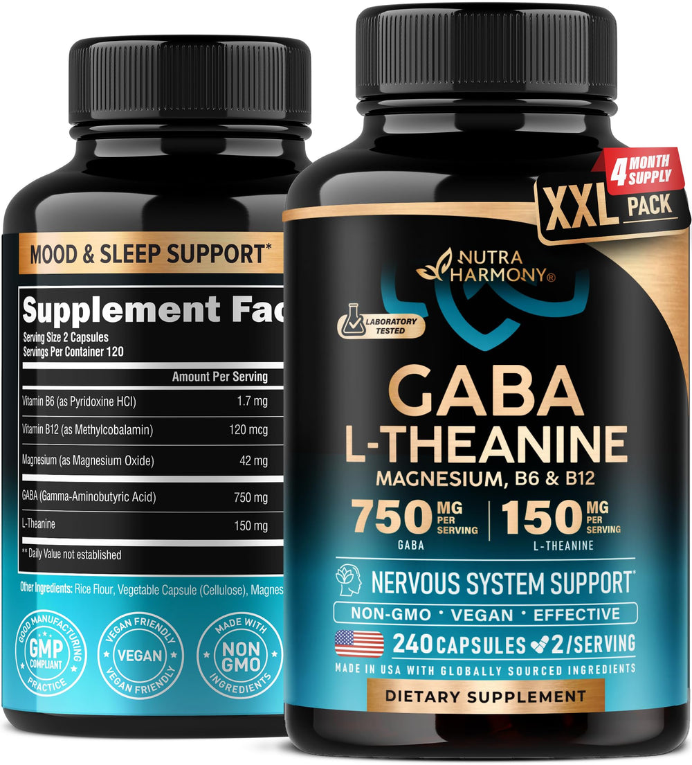 NUTRAHARMONY GABA L-Theanine 900mg bottle front with potential mood support