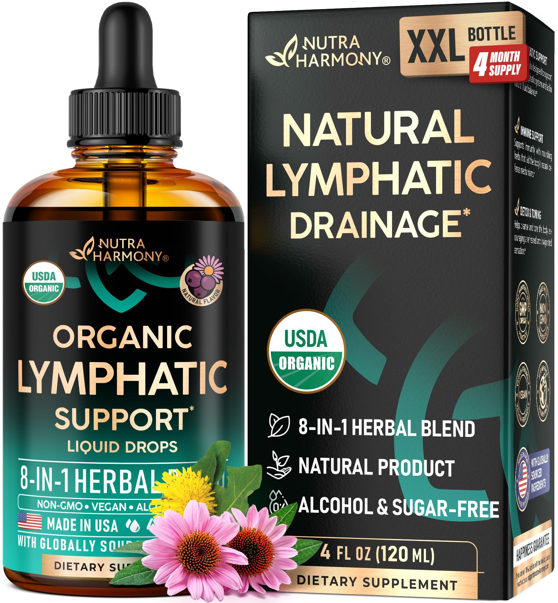 NutraHarmony Lymph Drops bottle with label highlighting organic formula