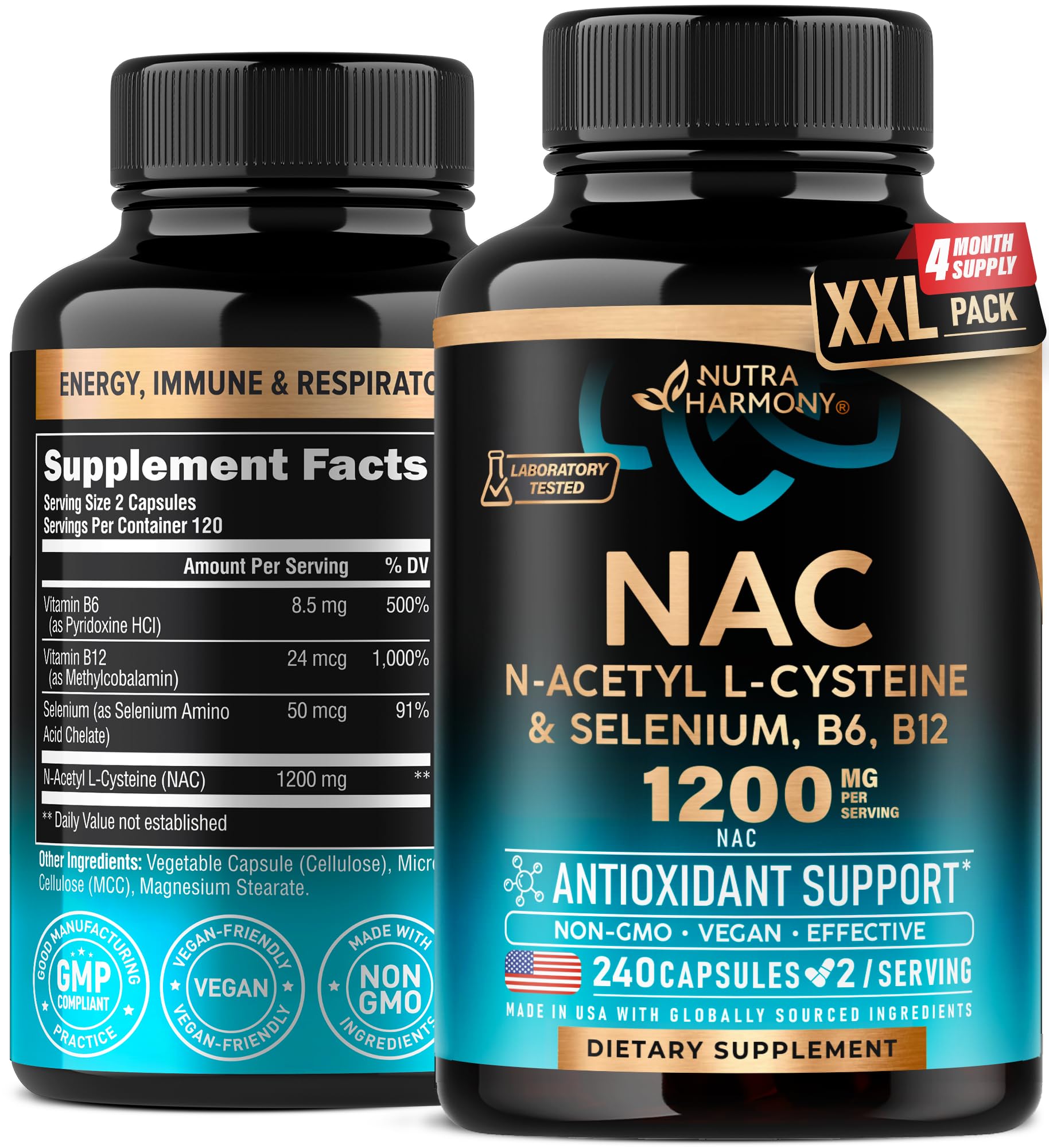 NutraHarmony NAC capsules bottle label showing 600 mg NAC per capsule and 1200 mg per serving