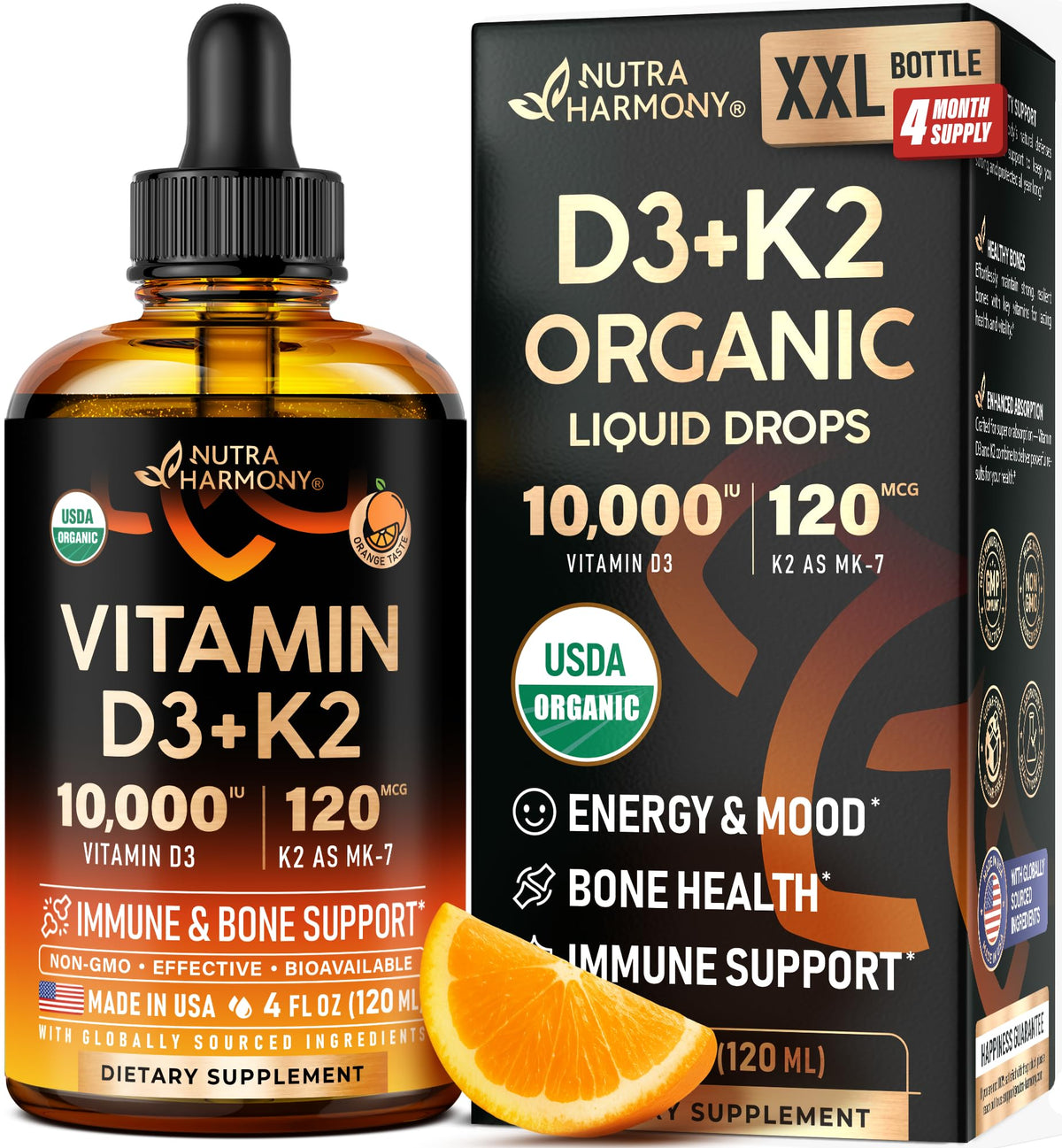 Front view of NutraHarmony Vitamin D3 K2 Drops orange flavor in 4 oz bottle