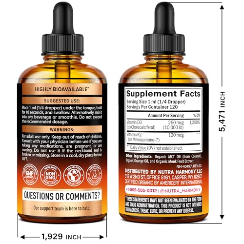 Close-up of orange flavor label on NutraHarmony D3 K2 drops