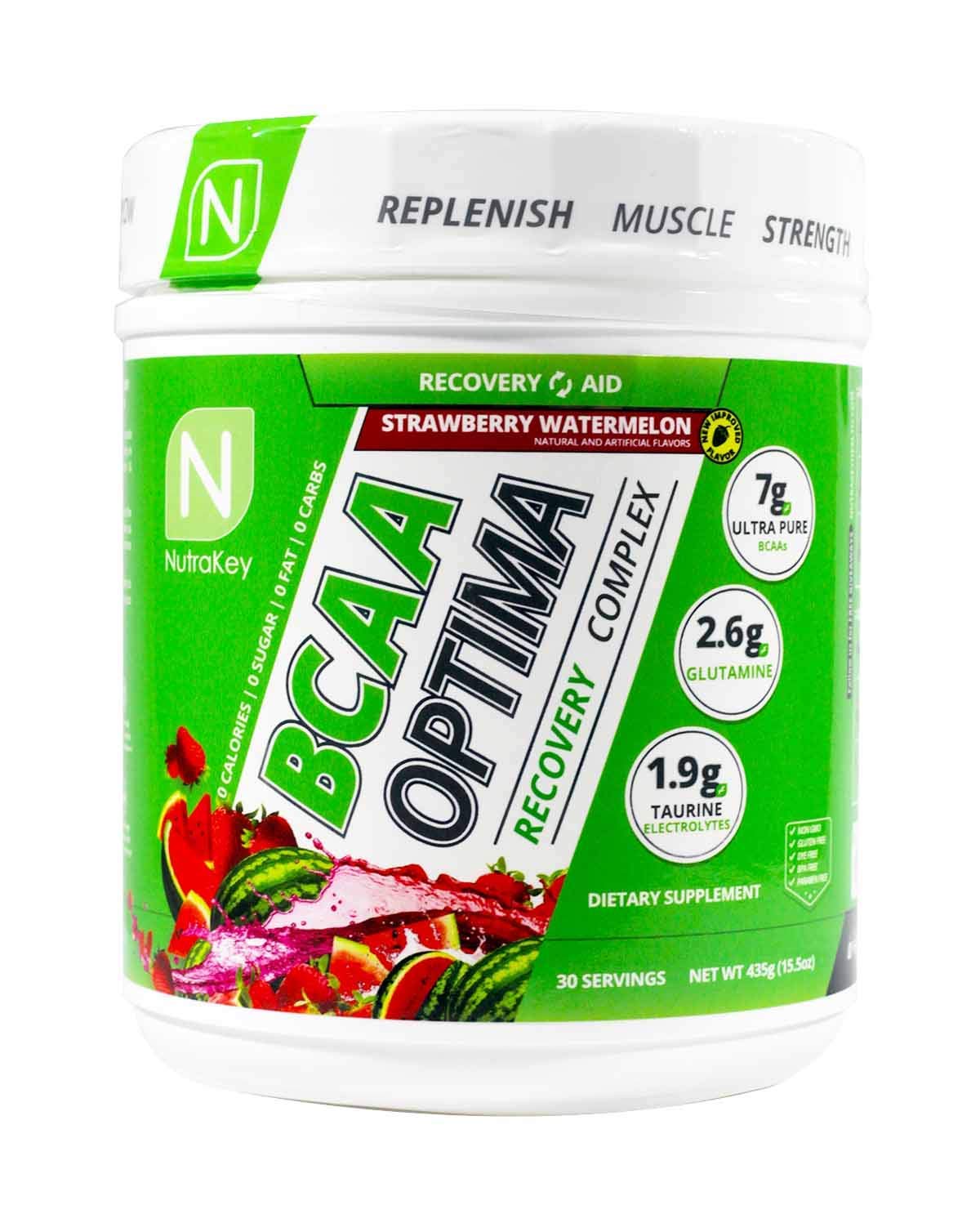 Nutrition label and ingredients of NutraKey BCAA Optima Post-Workout powder