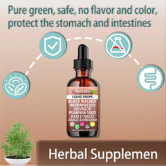 Herbal ingredients layout: soursop, pumpkin seeds, garlic, oregano oil