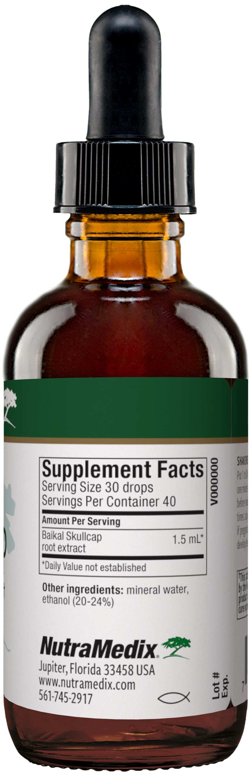 Close-up of Baikal Skullcap tincture hydro-ethanol extract label