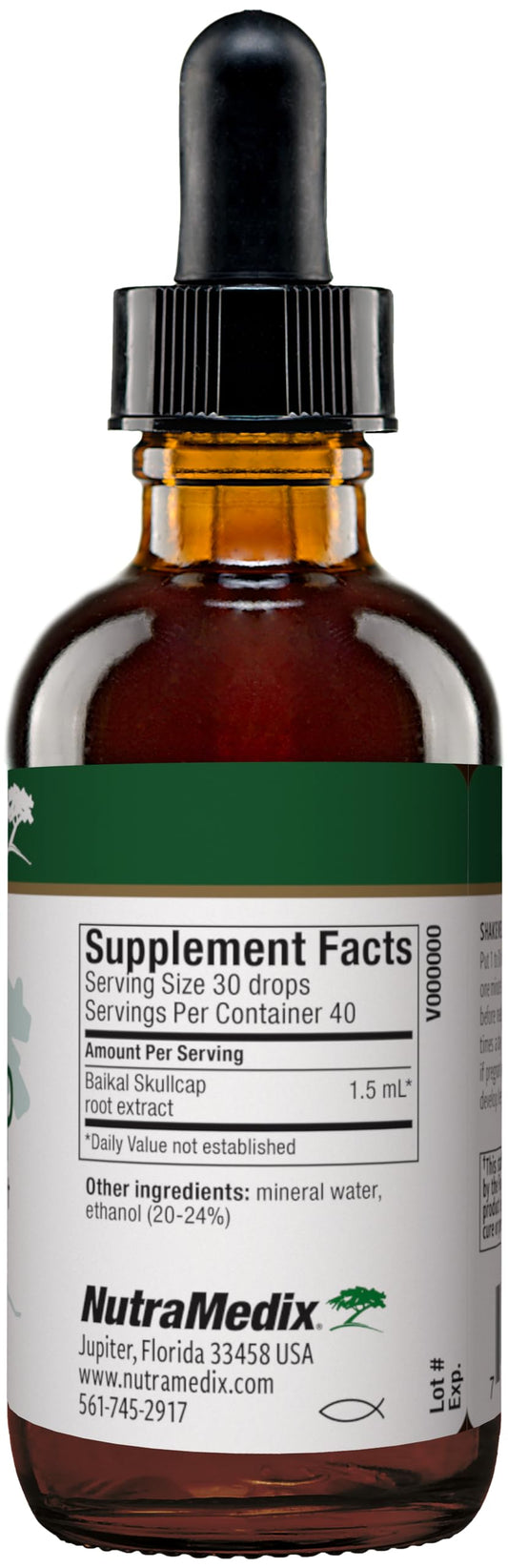 Close-up of Baikal Skullcap tincture hydro-ethanol extract label