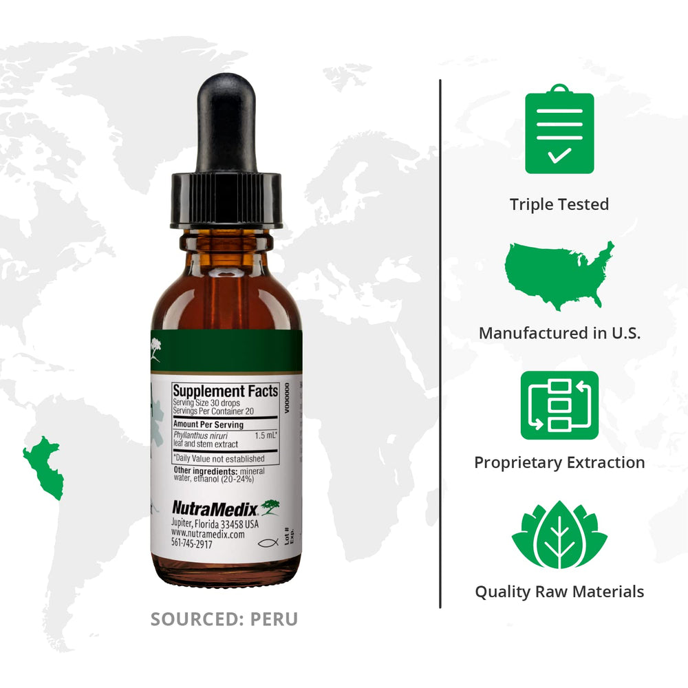 Close-up of NutraMedix Chanca Piedra Drops packaging (1oz/30ml) Pack of 2