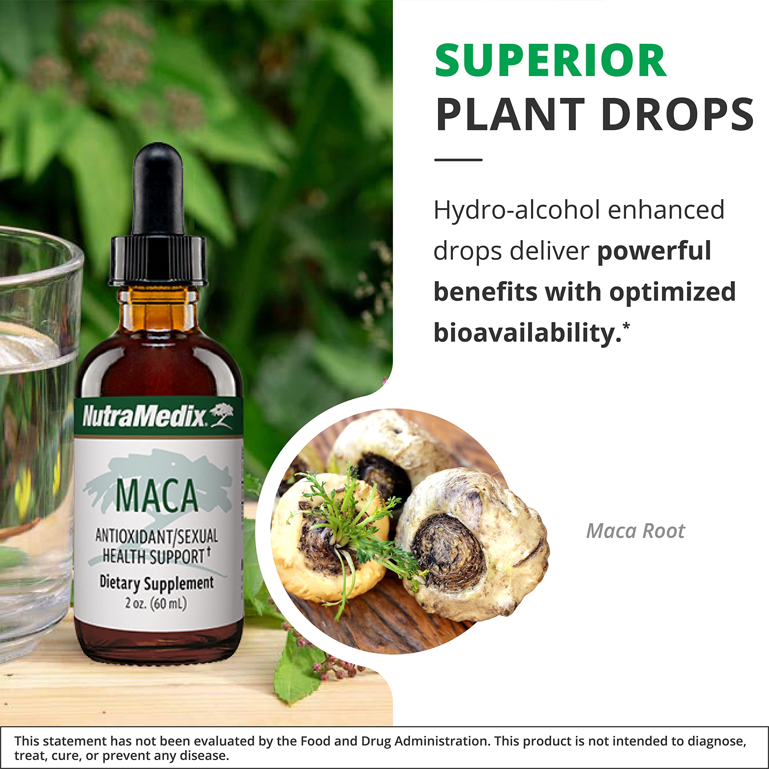 Ingredients close-up of Maca tincture bottle