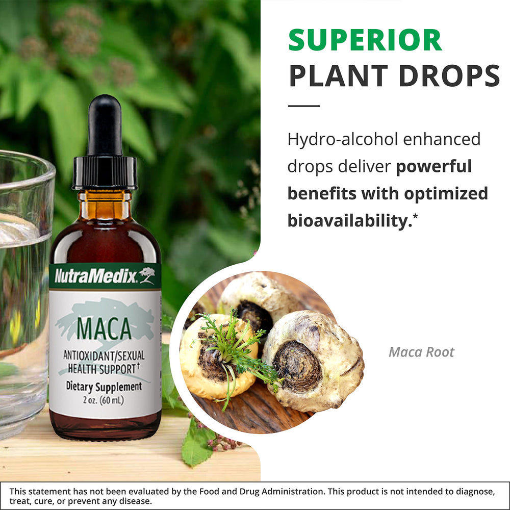 Ingredients close-up of Maca tincture bottle