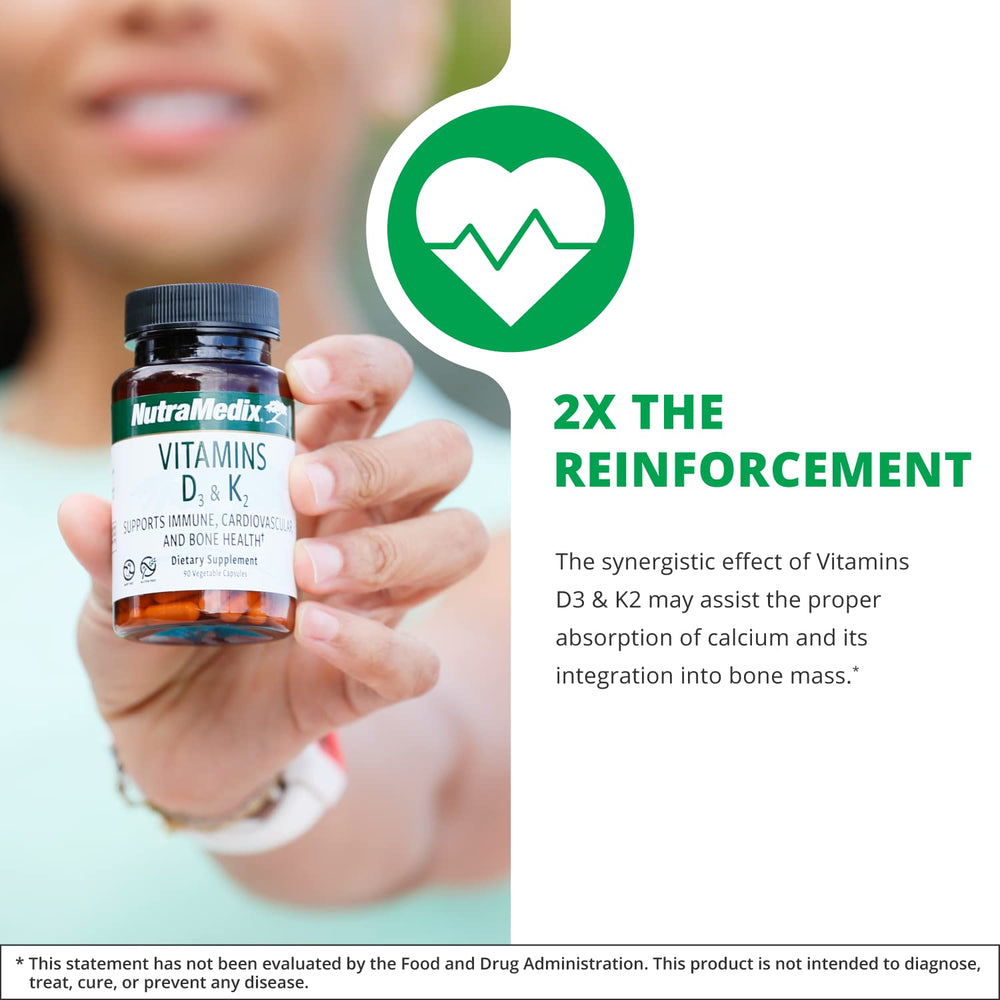 90 capsule bottle for Vitamin D3 & K2 highlighting calcium metabolism