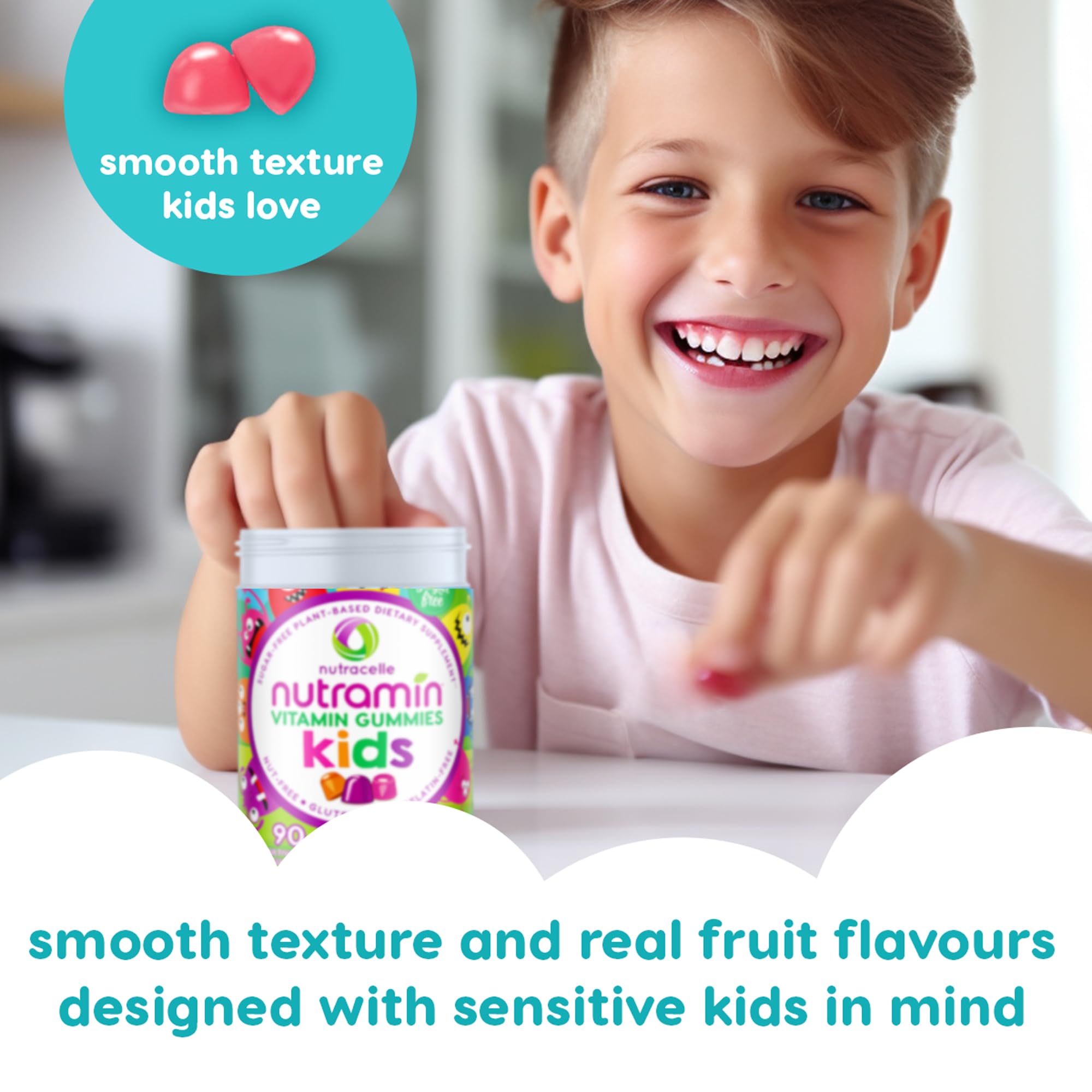 90-count bottle of NUTRAMIN gummies for kids