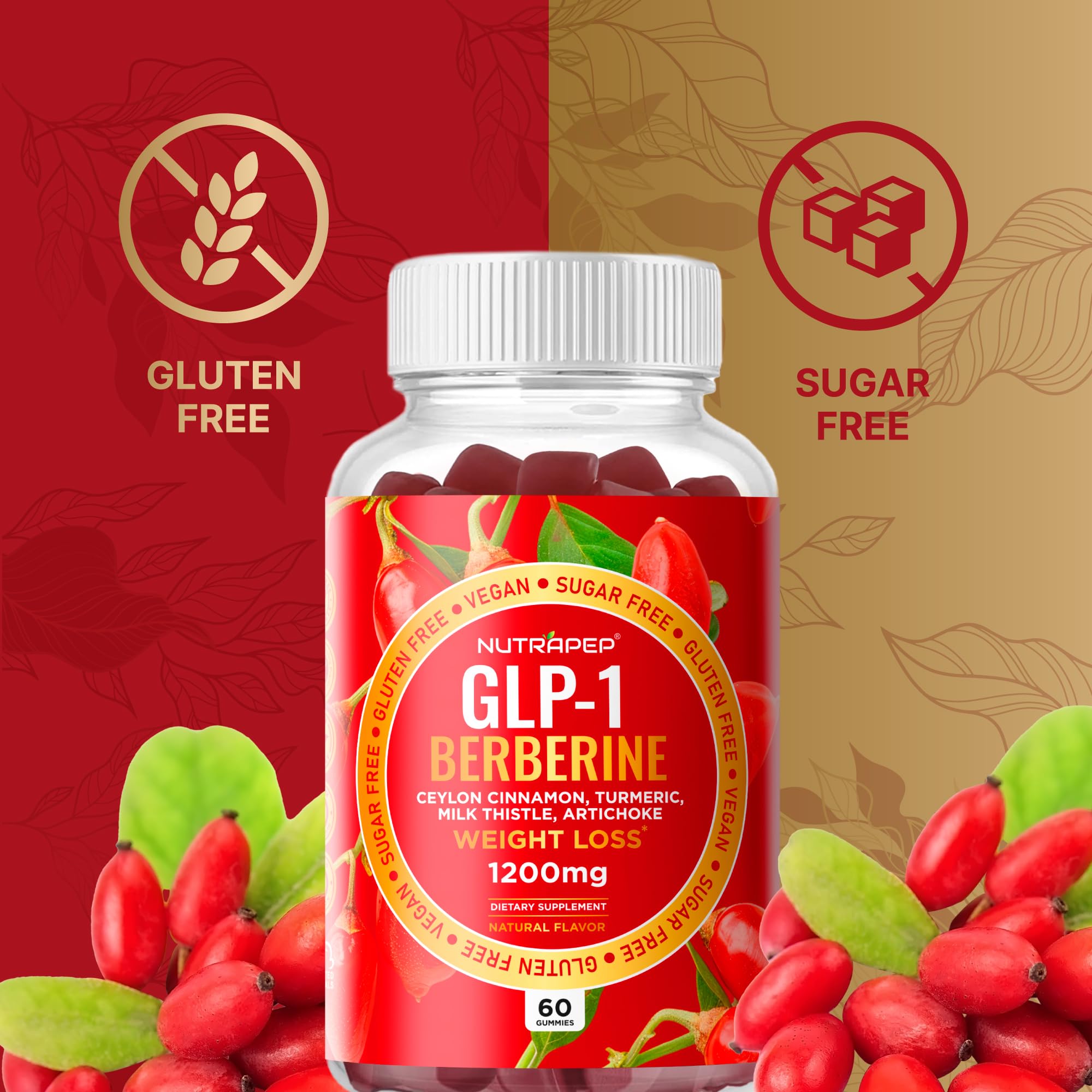 Sugar-free and gluten-free badges on NutraPep Gummies package