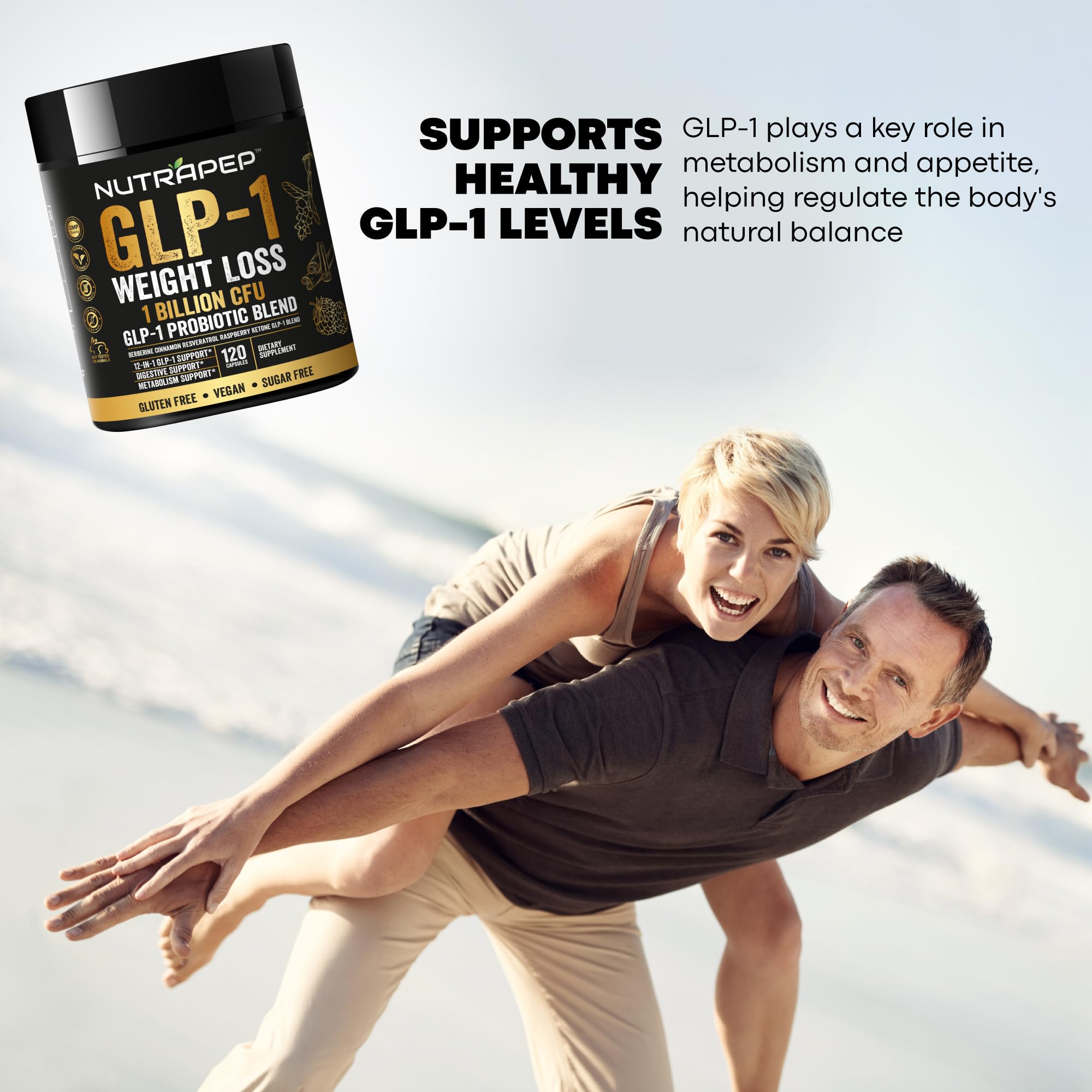 Vegan and gluten-free labeling on NutraPep GLP-1 bottle