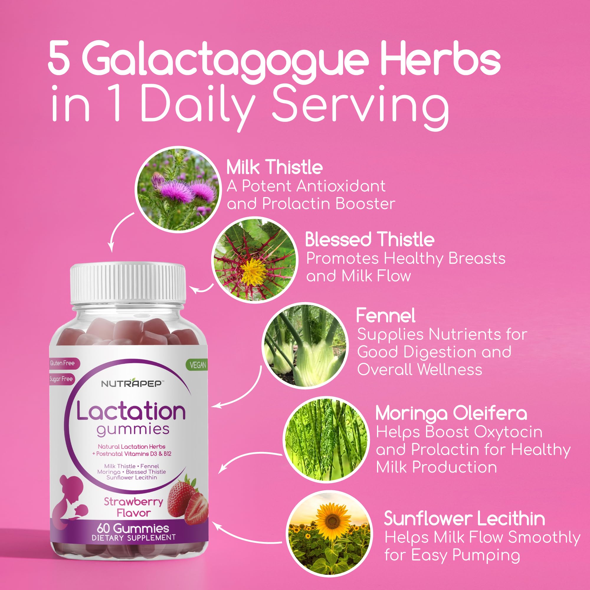 Label showing vegan, gluten-free, dairy-free notes on NutraPep Gummies