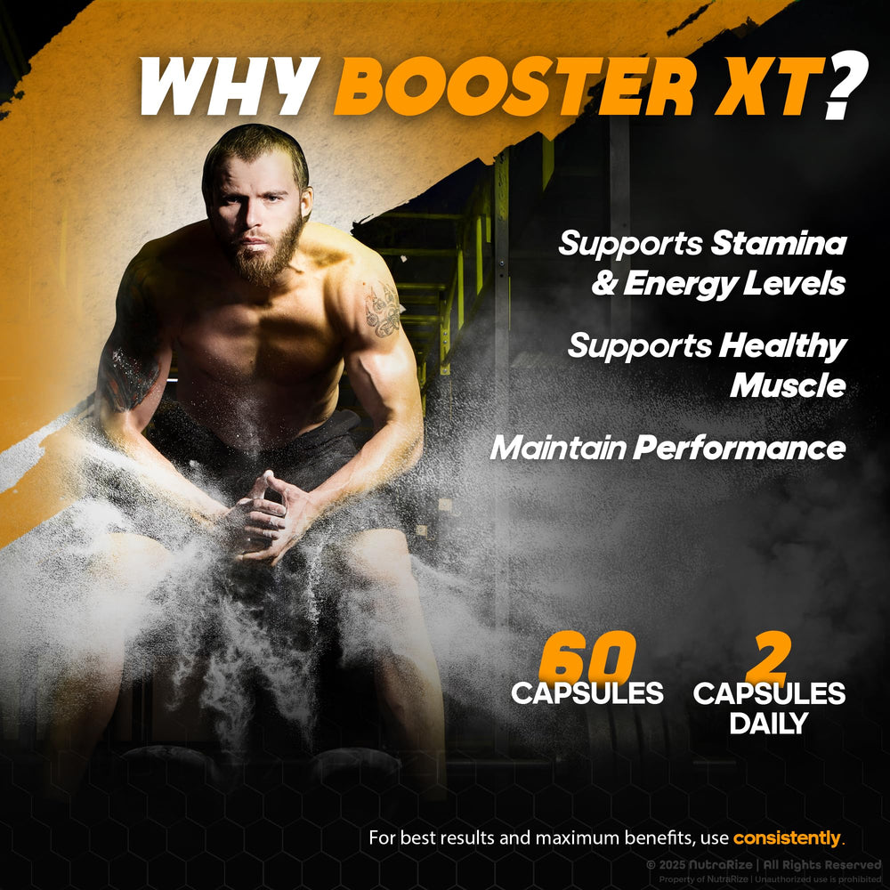 Booster XT supplement bottle with capsules