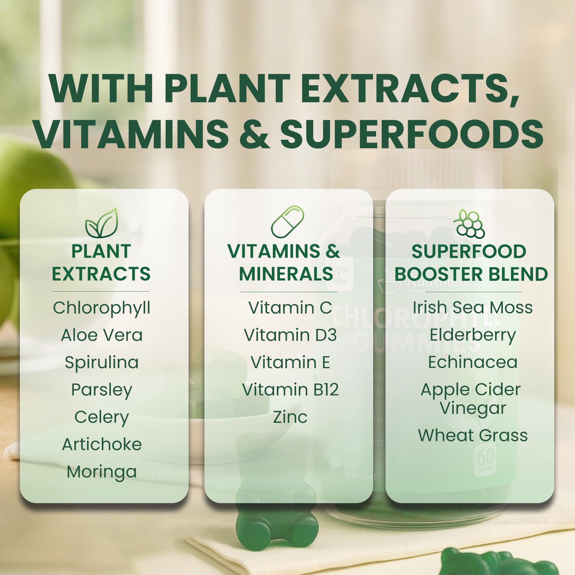 NUTRATASTE close-up gummy texture and green apple finish highlighting sugar-free taste