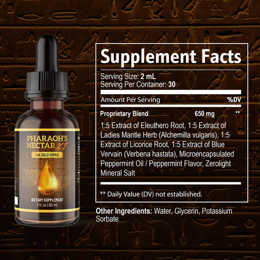 Close-up of the gold liquid in a dropper for Pharaoh's Nectar XT