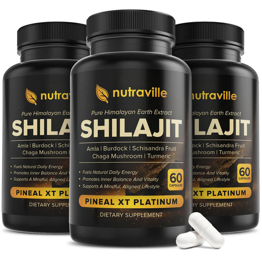 Nutraville Pineal XT Platinum hero image featuring the Himalayan Shilajit supplement bottle