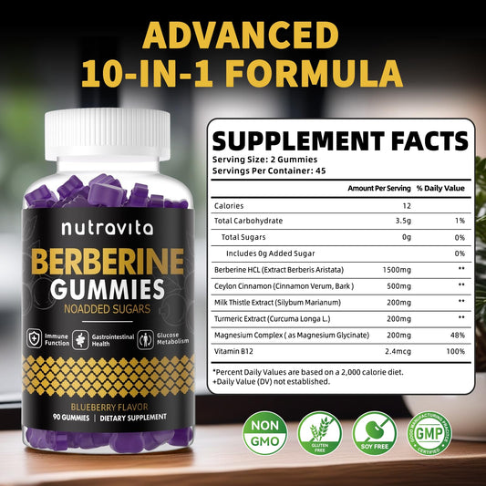 Back view of Nutravita Berberine Gummies Blueberry 1500mg package showing nutrition panel
