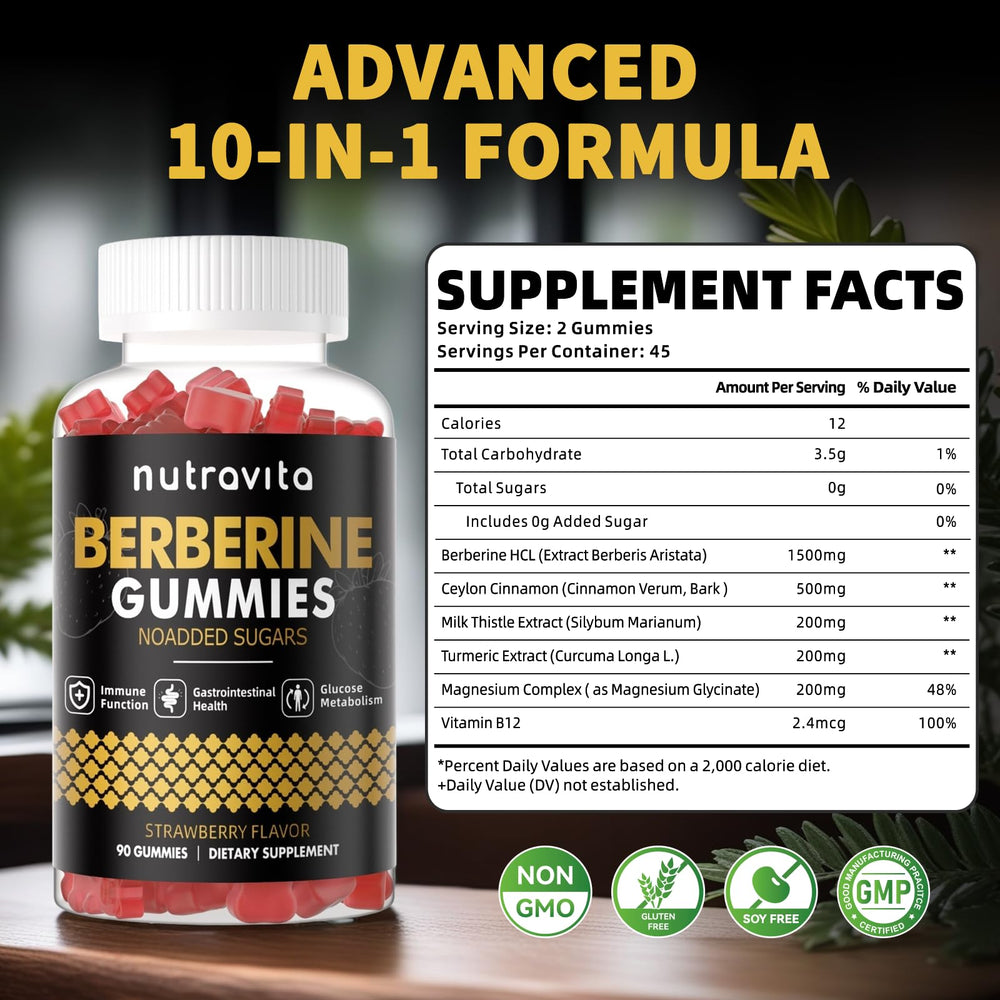 Front view of Nutravita Berberine Gummies bottle next to gummies