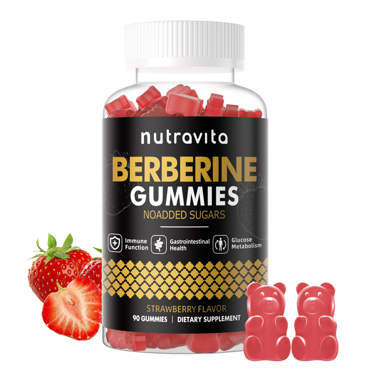 Nutravita Berberine Gummies bottle with strawberry-flavored gummies visible