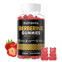 Nutravita Berberine Gummies bottle with strawberry-flavored gummies visible