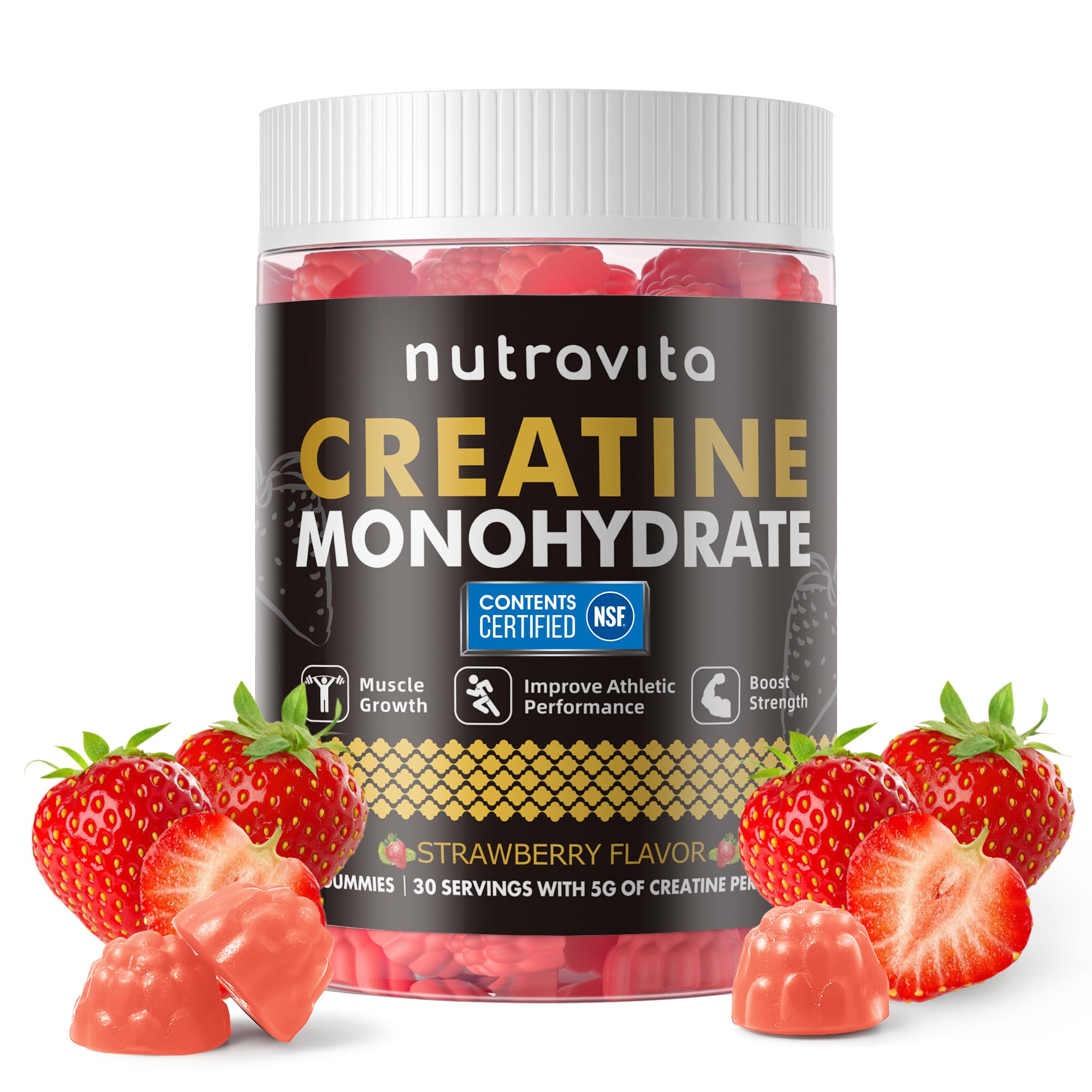 Front packaging of Nutravita Creatine Monohydrate Gummies in strawberry flavor, 120 count